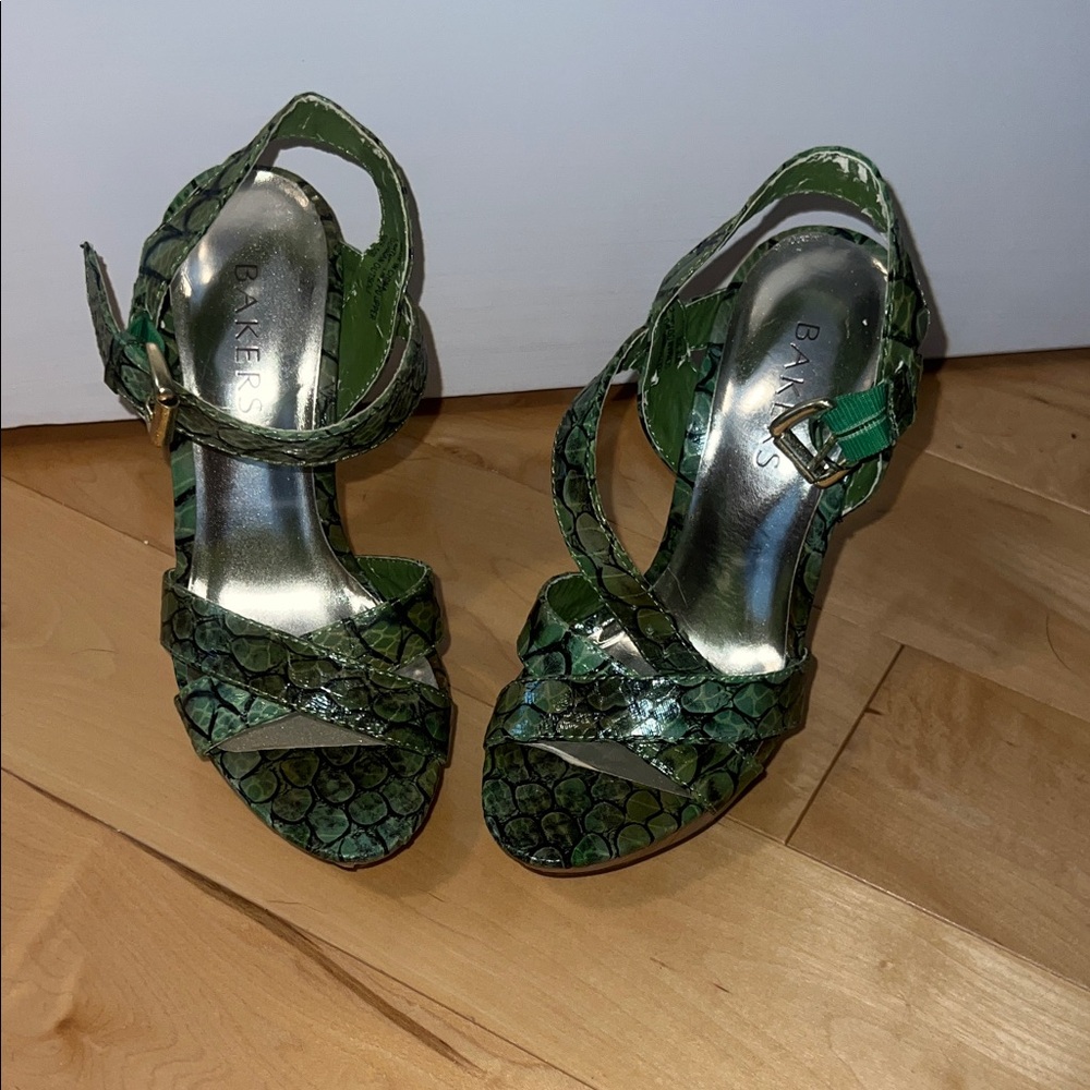 Bakers Green Snakeskin Heels